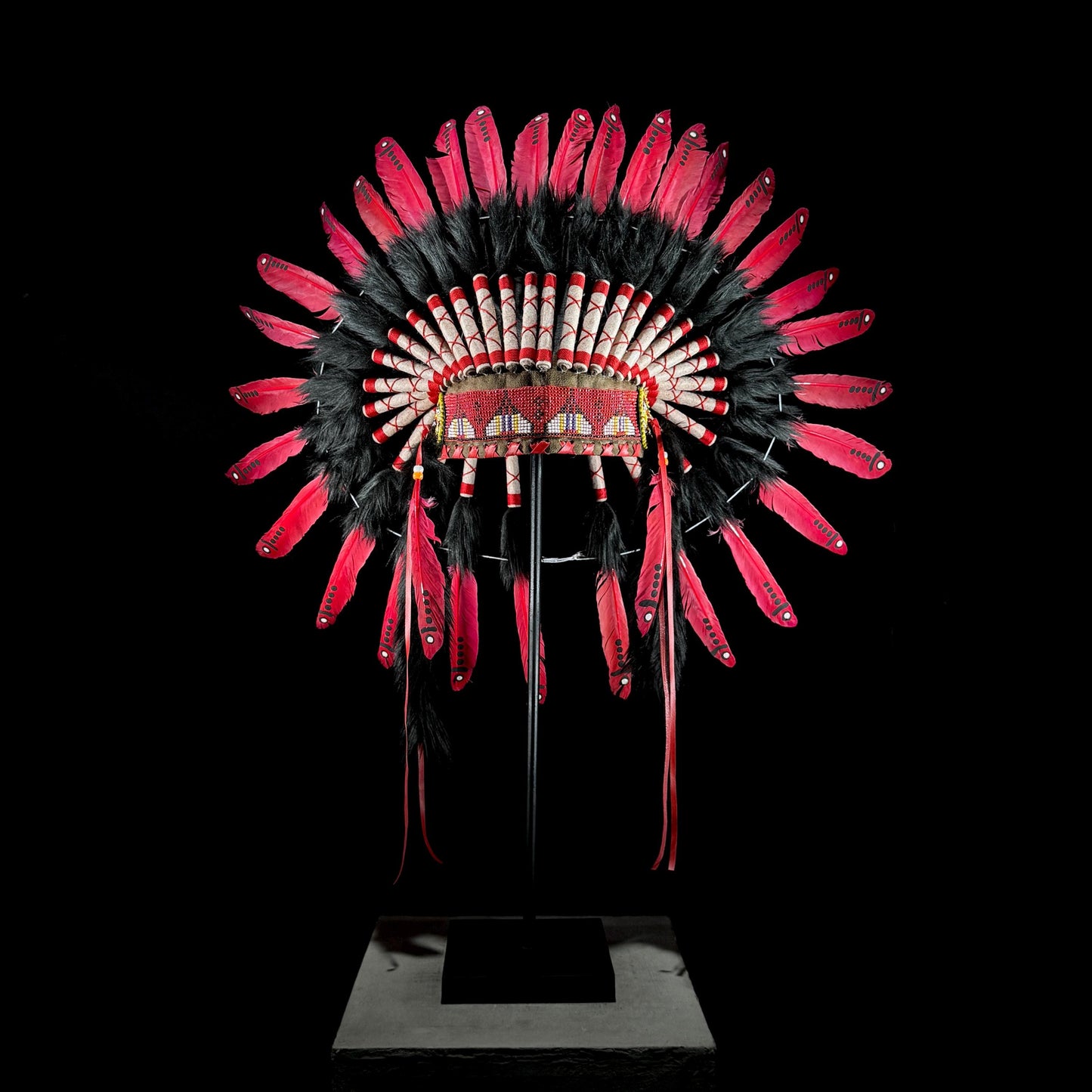 STAND INCLUDED - Stunning Red Pink & Black Native American Indian Headdress War Bonnet | Short Length |Modern Tribal Art, Native Style Decor
