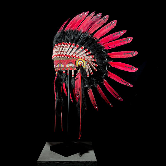 STAND INCLUDED - Stunning Red Pink & Black Native American Indian Headdress War Bonnet | Short Length |Modern Tribal Art, Native Style Decor