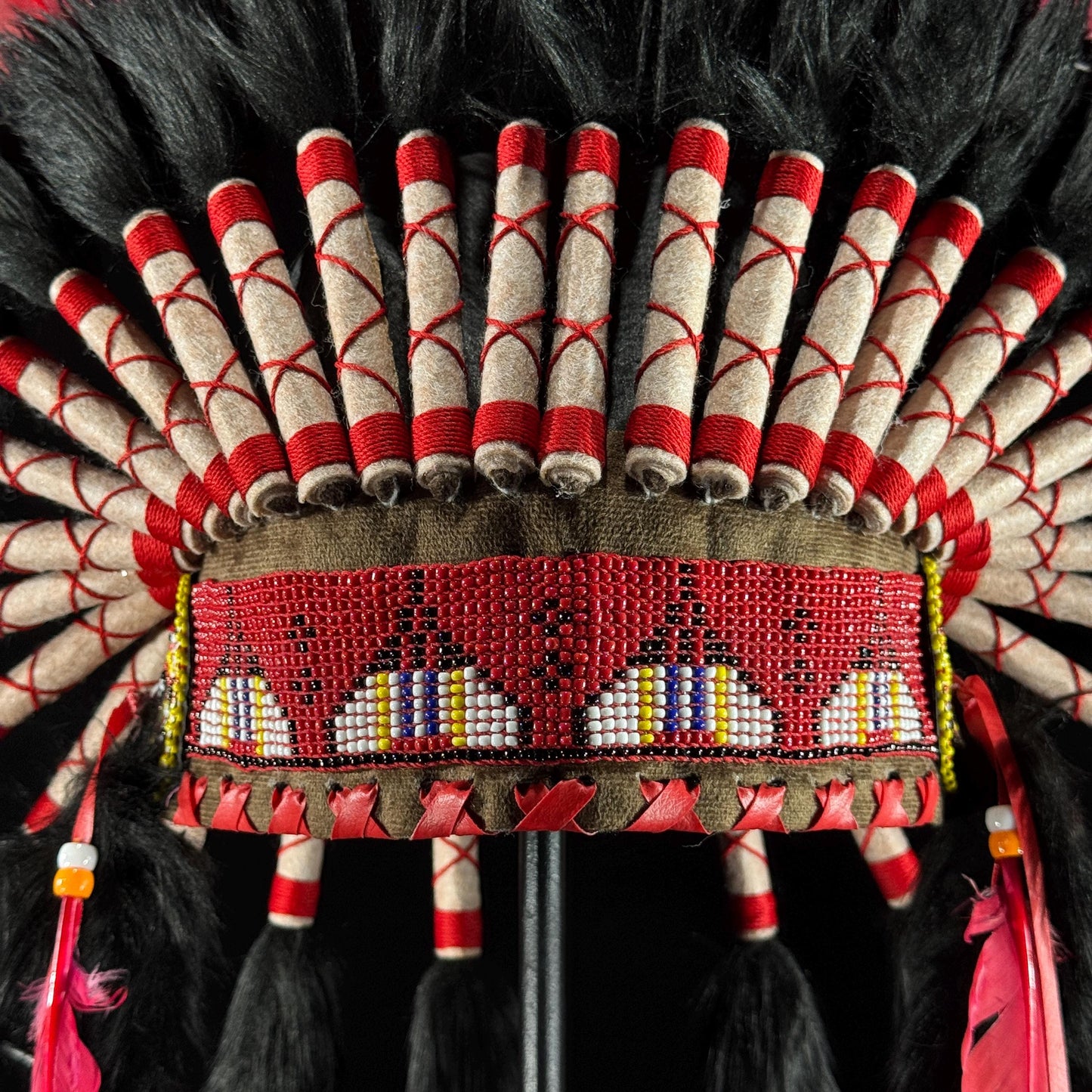 STAND INCLUDED - Stunning Red Pink & Black Native American Indian Headdress War Bonnet | Short Length |Modern Tribal Art, Native Style Decor