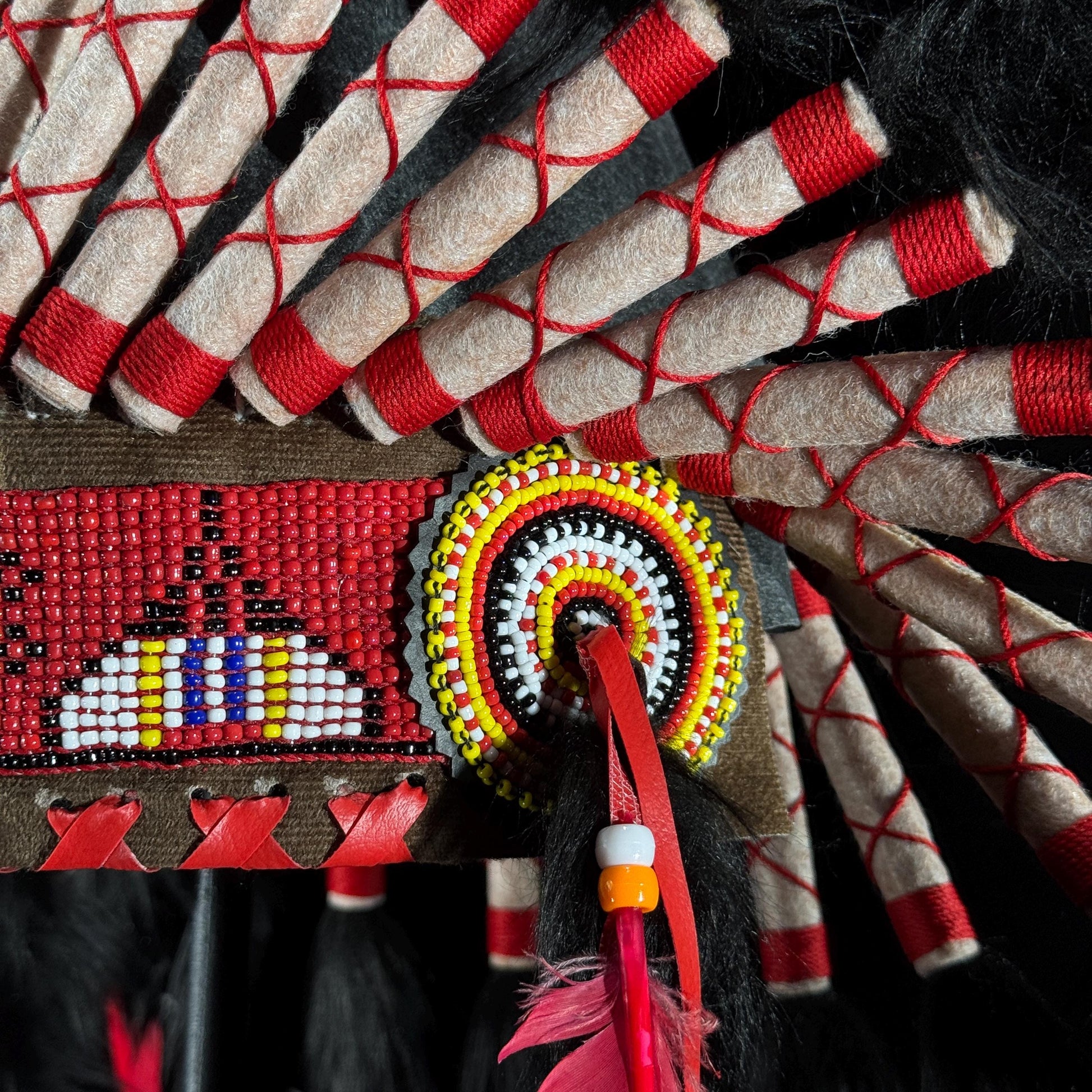 STAND INCLUDED - Stunning Red Pink & Black Native American Indian Headdress War Bonnet | Short Length |Modern Tribal Art, Native Style Decor