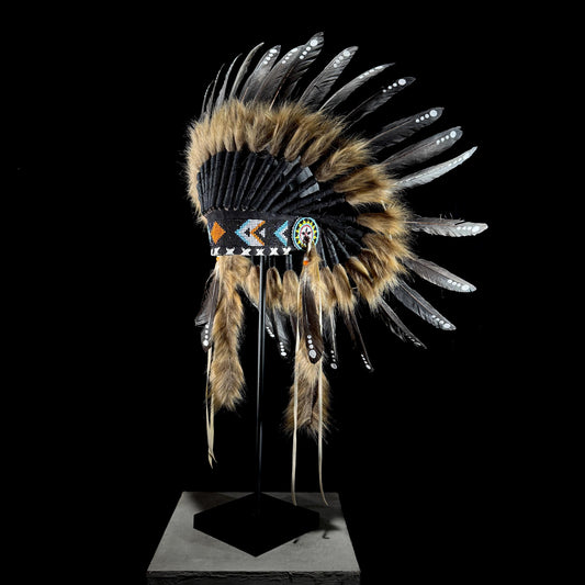 STAND INCLUDED - Stunning Black Tan Native American Indian Headdress War Bonnet | Short Length | Modern Tribal Art, Native Style Decor