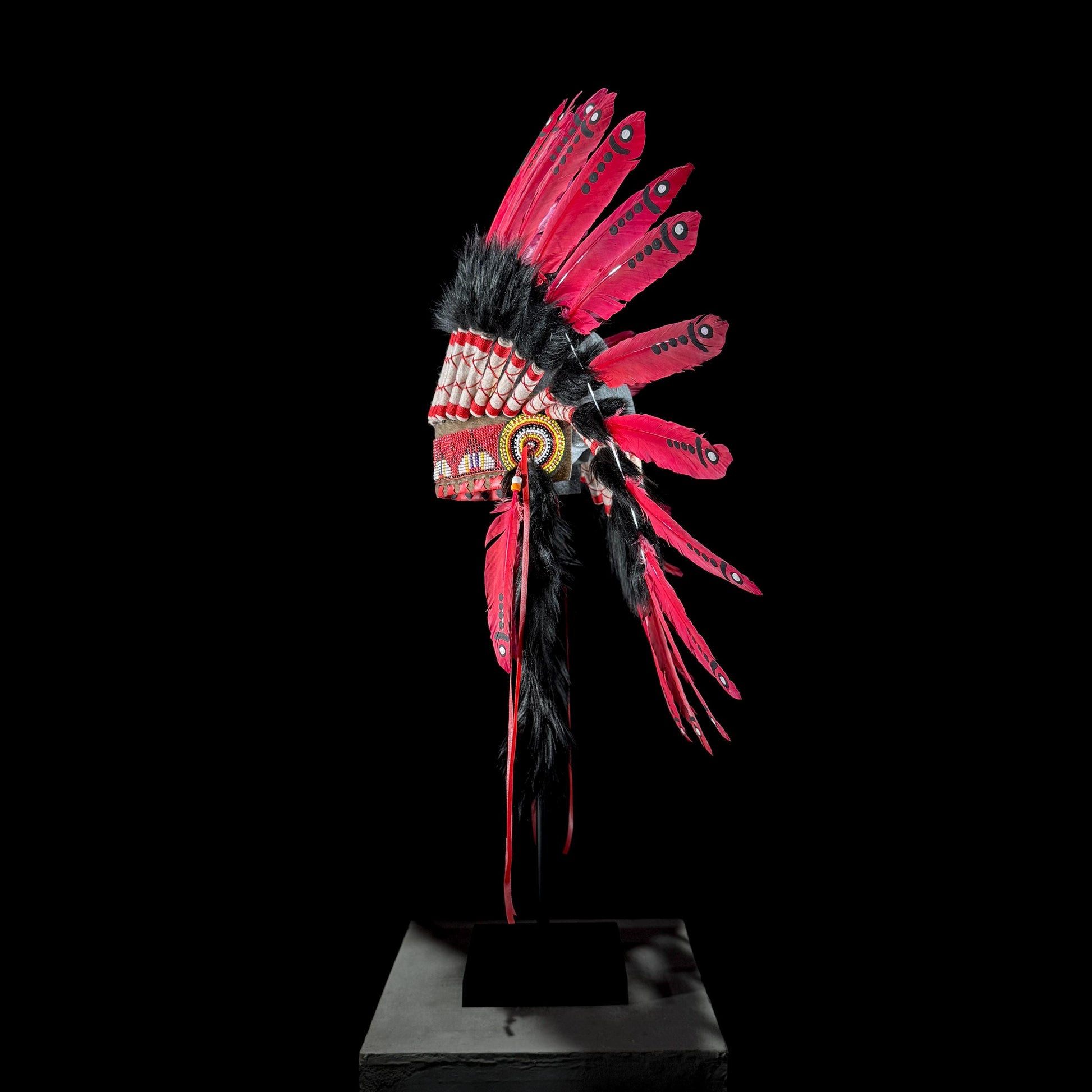 STAND INCLUDED - Stunning Red Pink & Black Native American Indian Headdress War Bonnet | Short Length |Modern Tribal Art, Native Style Decor