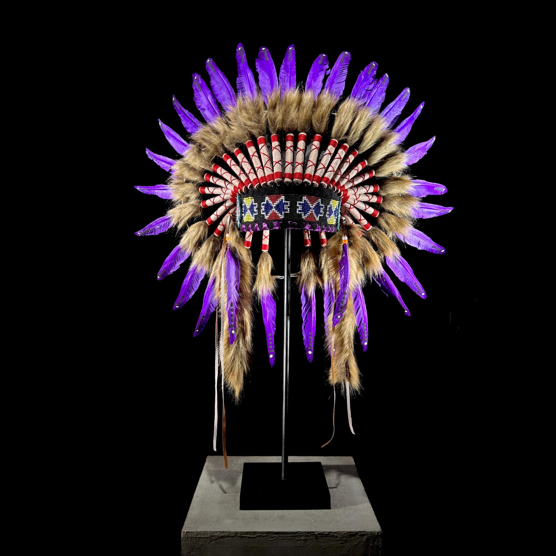 STAND INCLUDED - Stunning Purple Native American Indian Headdress War Bonnet | Short Length |Modern Tribal Art, Native Style Decor