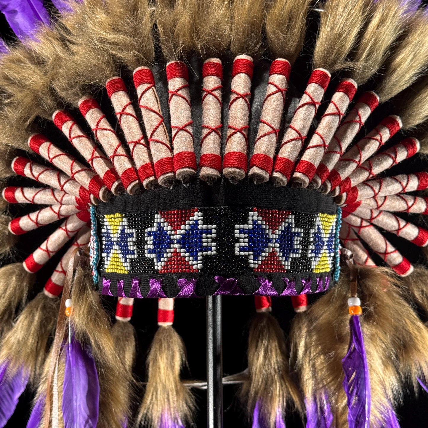 STAND INCLUDED - Stunning Purple Native American Indian Headdress War Bonnet | Short Length |Modern Tribal Art, Native Style Decor