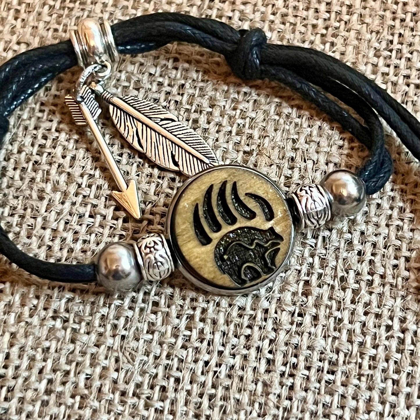 Native American Bear Symbol Wood Engraved Metal Bezel Pendant Adjustable Black Cord Bracelet with Metal Beads and Charms