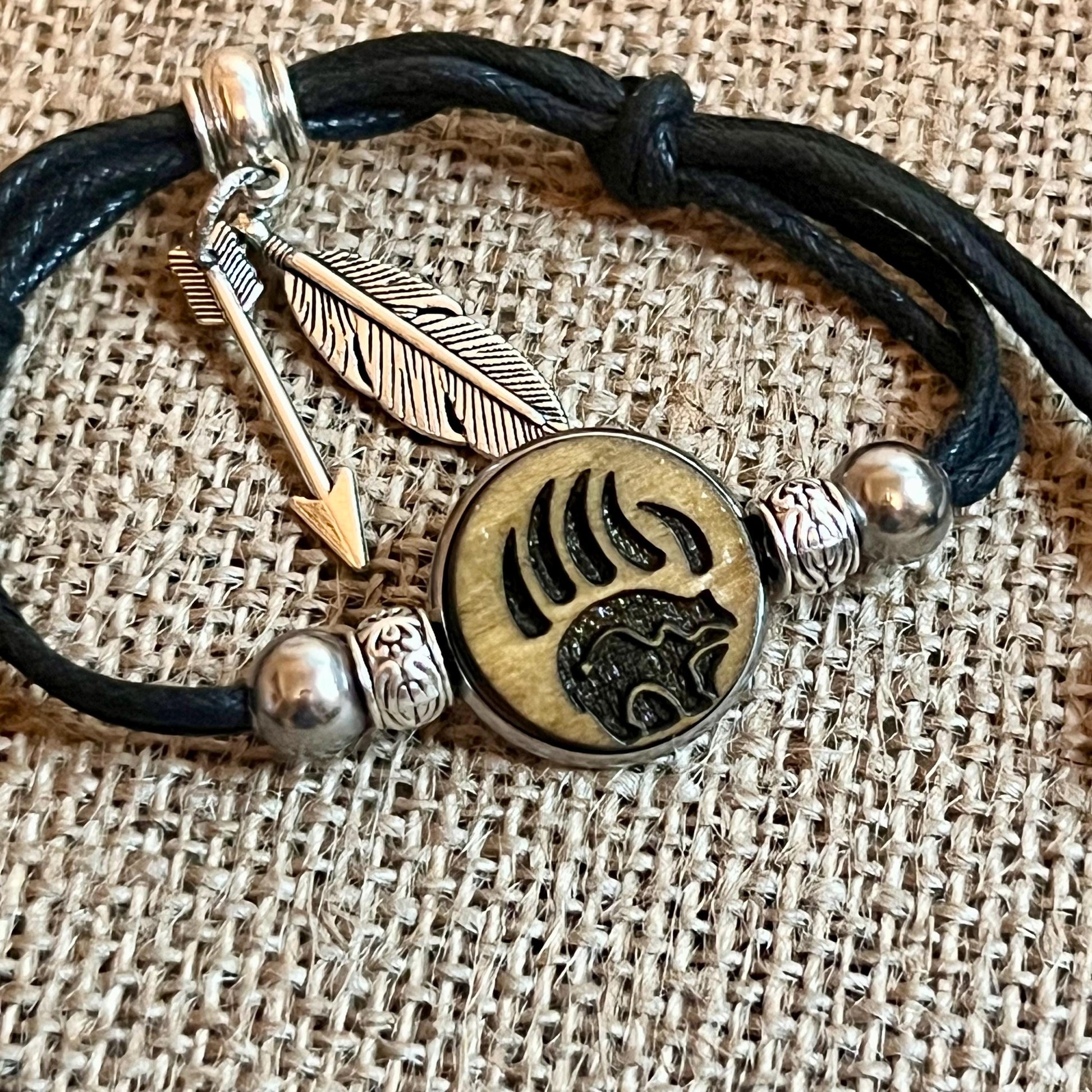 Native American Bear Symbol Wood Engraved Metal Bezel Pendant Adjustable Black Cord Bracelet with Metal Beads and Charms