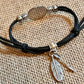 Native American Bear Symbol Wood Engraved Metal Bezel Pendant Adjustable Black Cord Bracelet with Metal Beads and Charms