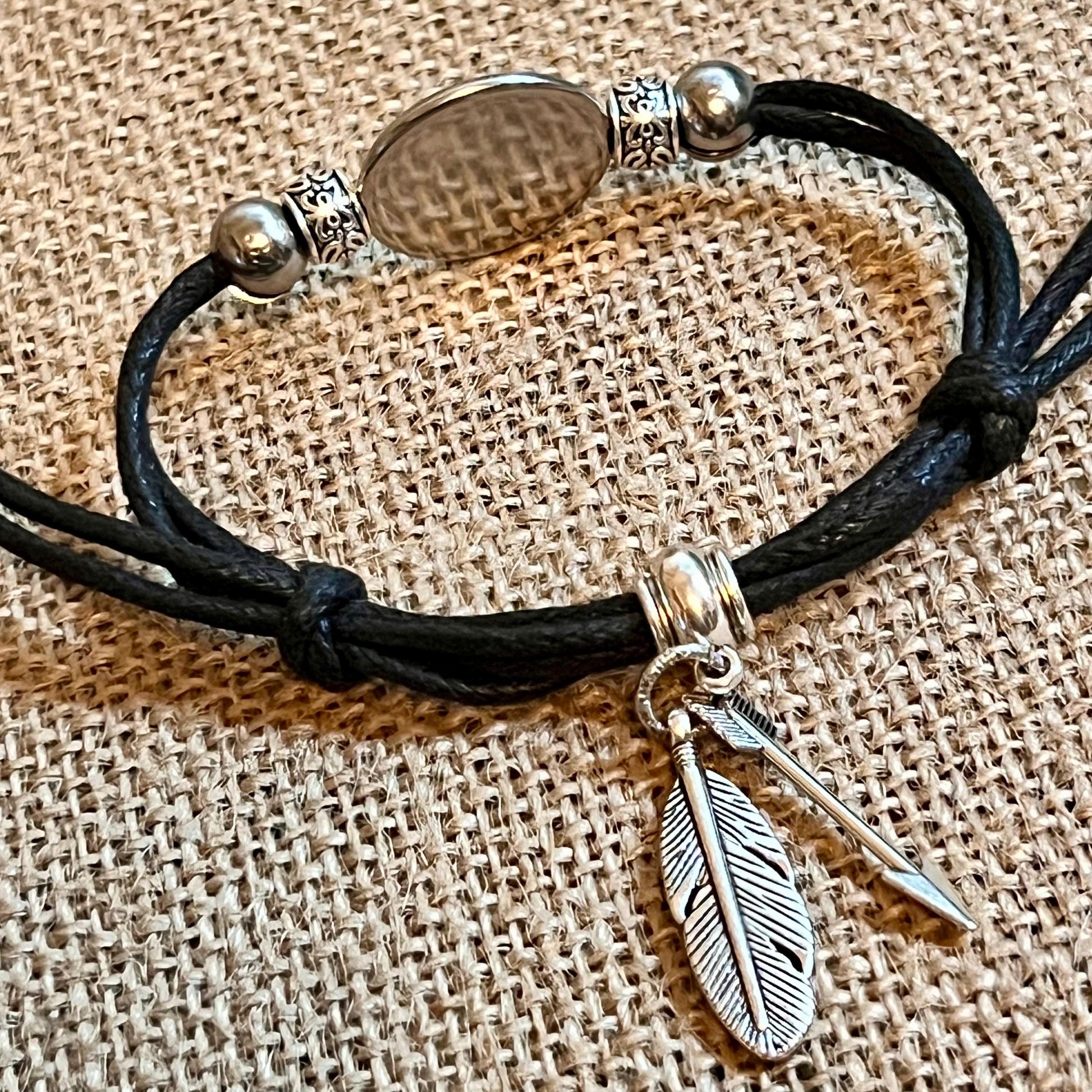 Native American Bear Symbol Wood Engraved Metal Bezel Pendant Adjustable Black Cord Bracelet with Metal Beads and Charms