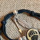 Native American Bear Symbol Wood Engraved Metal Bezel Pendant Adjustable Black Cord Bracelet with Metal Beads and Charms