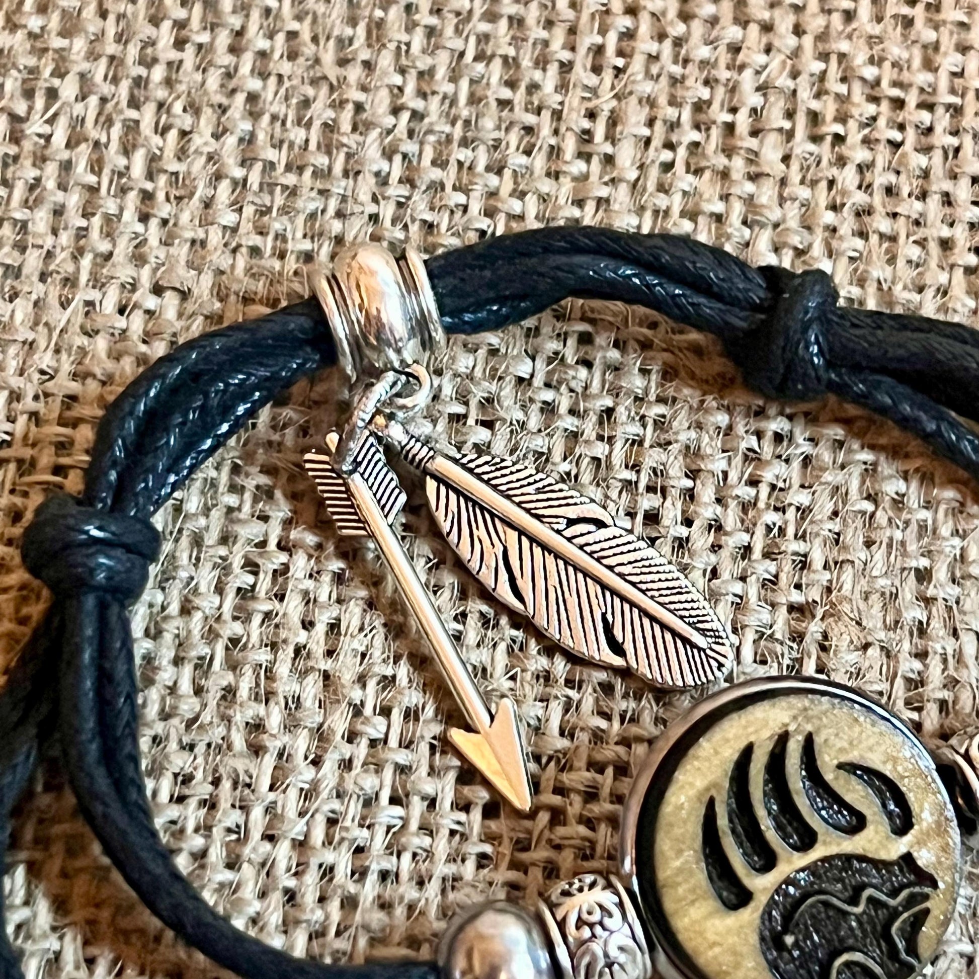 Native American Bear Symbol Wood Engraved Metal Bezel Pendant Adjustable Black Cord Bracelet with Metal Beads and Charms