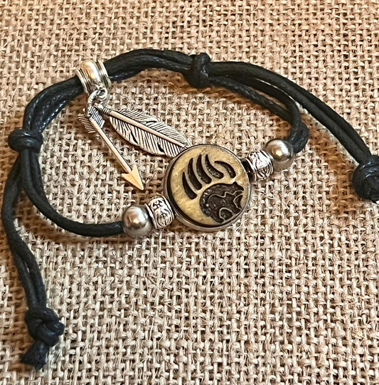 Native American Bear Symbol Wood Engraved Metal Bezel Pendant Adjustable Black Cord Bracelet with Metal Beads and Charms