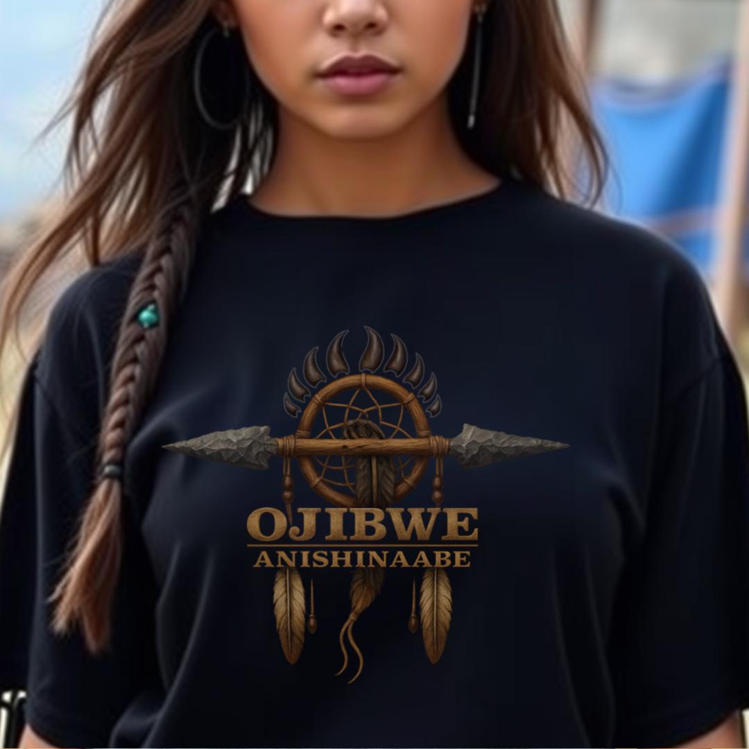 Ojibwe Anishinaabe Heritage Shirt | Indigenous Ancestry Tee | Native Culture Pride T-Shirt with Bear Paw & Feather Design Gift