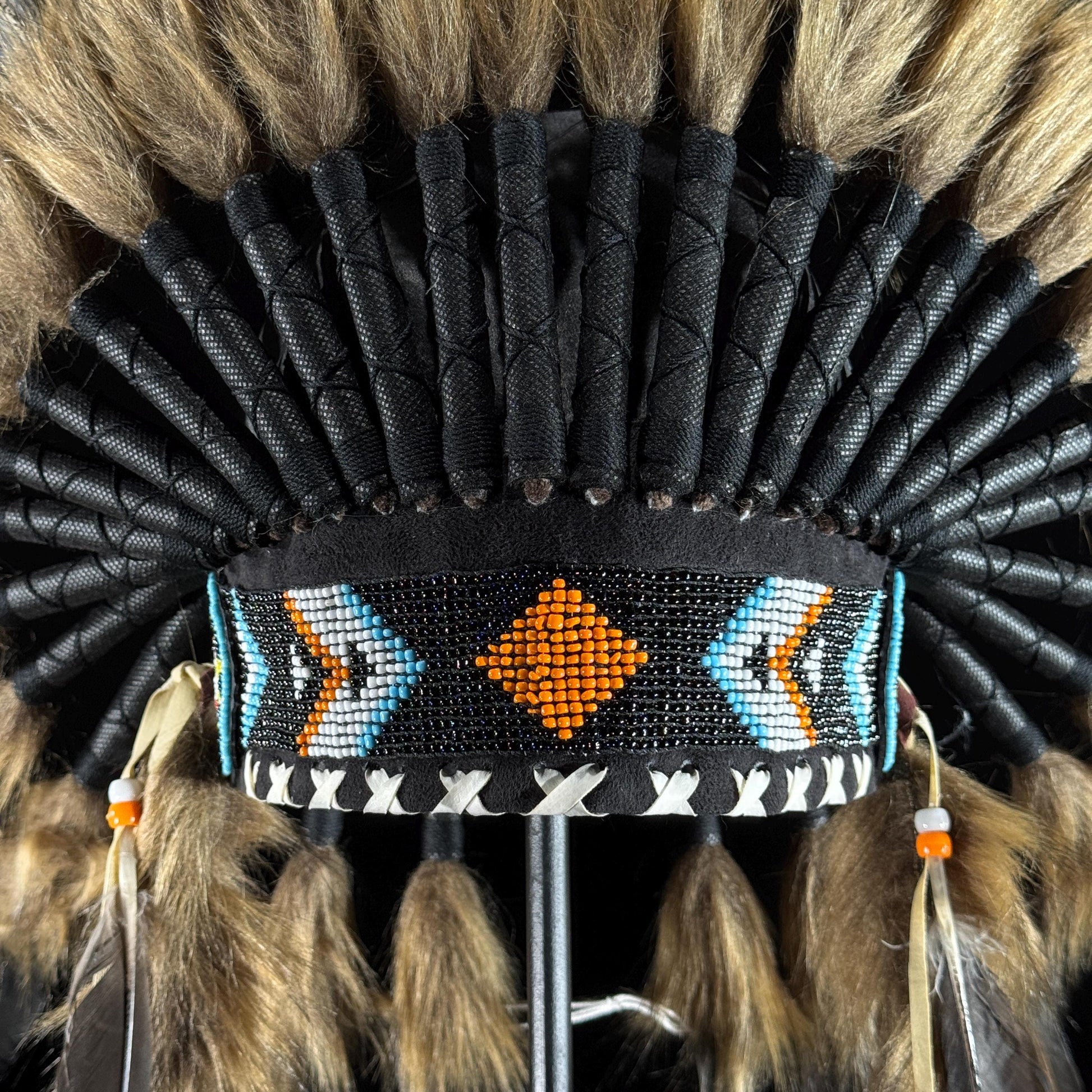 STAND INCLUDED - Stunning Black Tan Native American Indian Headdress War Bonnet | Short Length | Modern Tribal Art, Native Style Decor