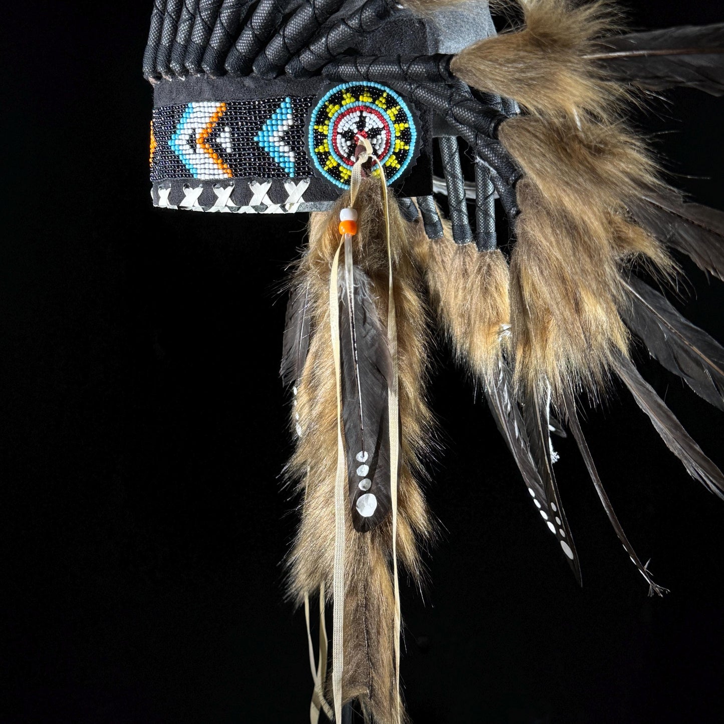 STAND INCLUDED - Stunning Black Tan Native American Indian Headdress War Bonnet | Short Length | Modern Tribal Art, Native Style Decor