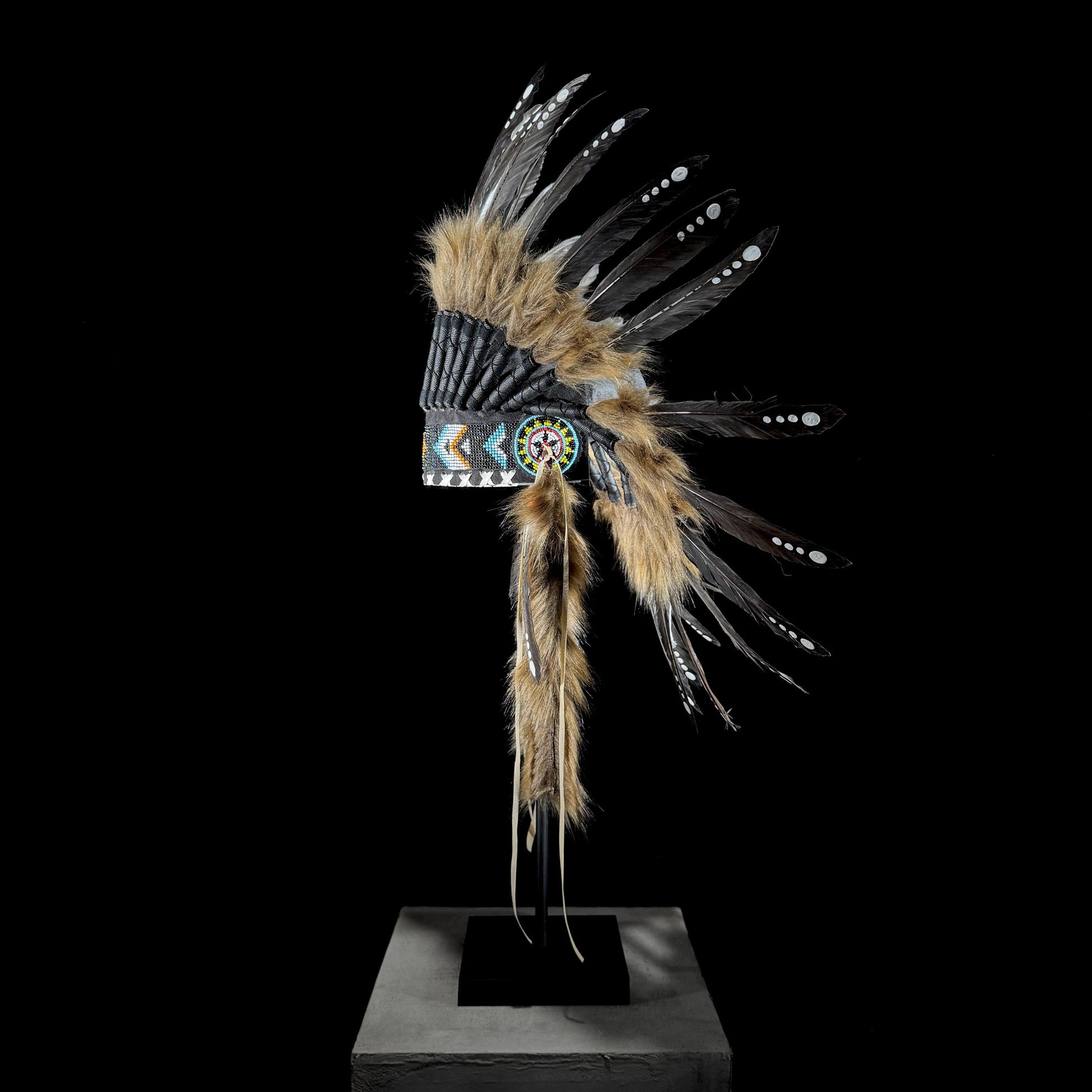 STAND INCLUDED - Stunning Black Tan Native American Indian Headdress War Bonnet | Short Length | Modern Tribal Art, Native Style Decor
