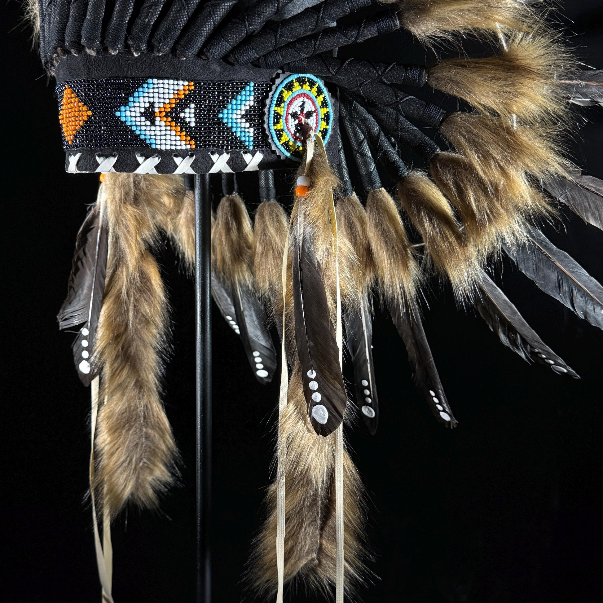 STAND INCLUDED - Stunning Black Tan Native American Indian Headdress War Bonnet | Short Length | Modern Tribal Art, Native Style Decor
