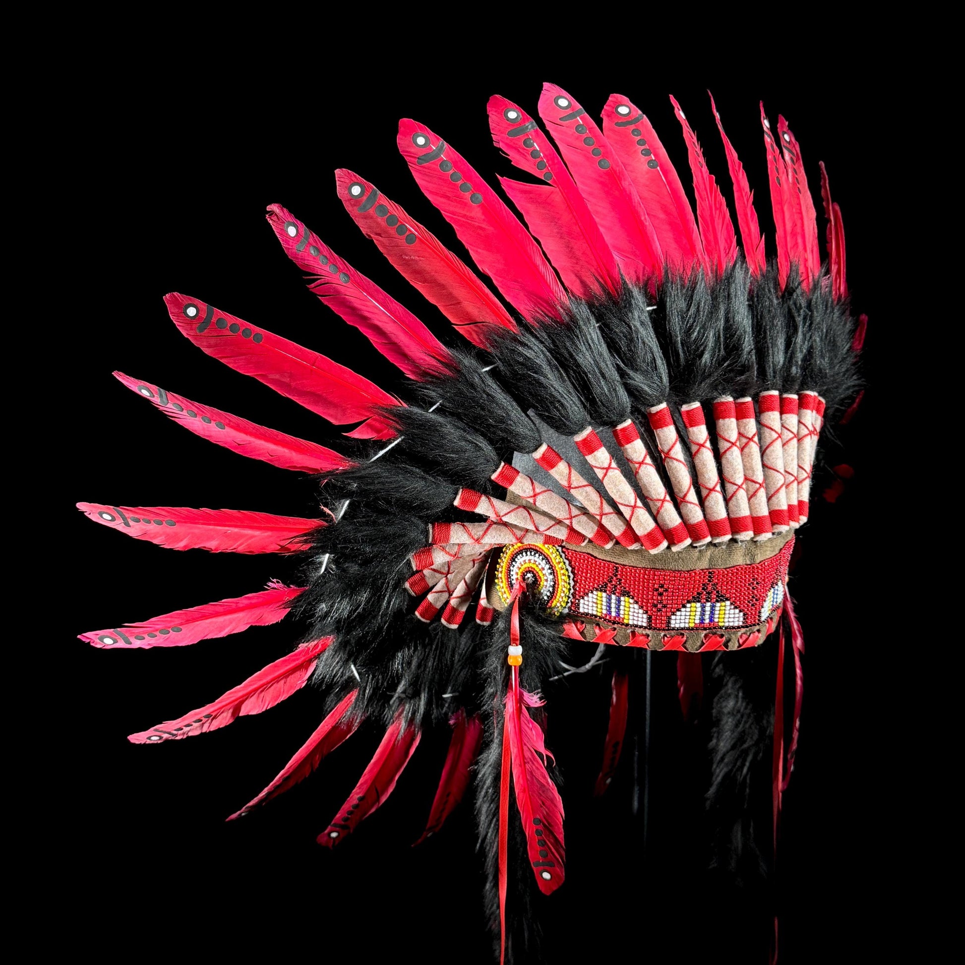STAND INCLUDED - Stunning Red Pink & Black Native American Indian Headdress War Bonnet | Short Length |Modern Tribal Art, Native Style Decor