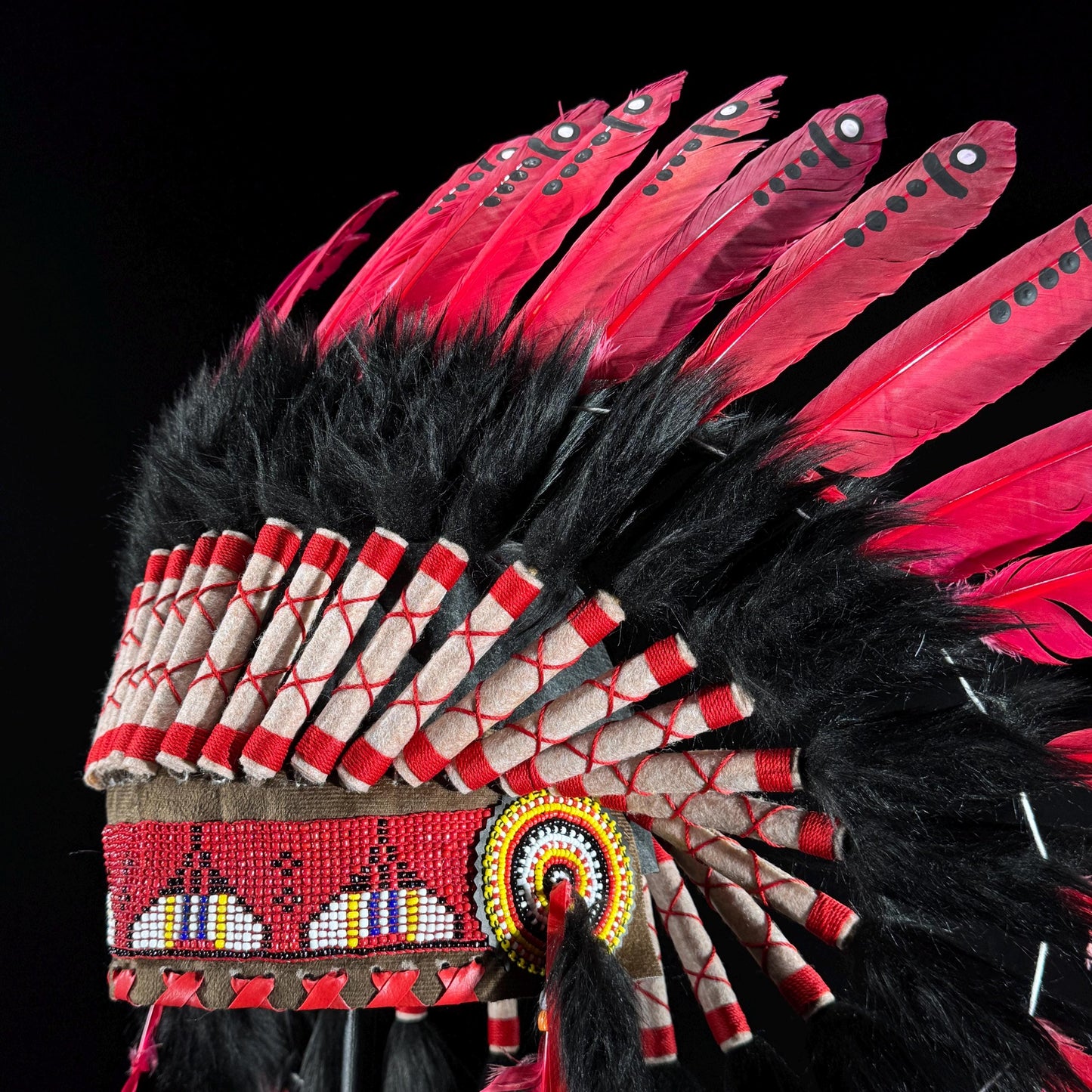 STAND INCLUDED - Stunning Red Pink & Black Native American Indian Headdress War Bonnet | Short Length |Modern Tribal Art, Native Style Decor