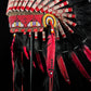 STAND INCLUDED - Stunning Red Pink & Black Native American Indian Headdress War Bonnet | Short Length |Modern Tribal Art, Native Style Decor