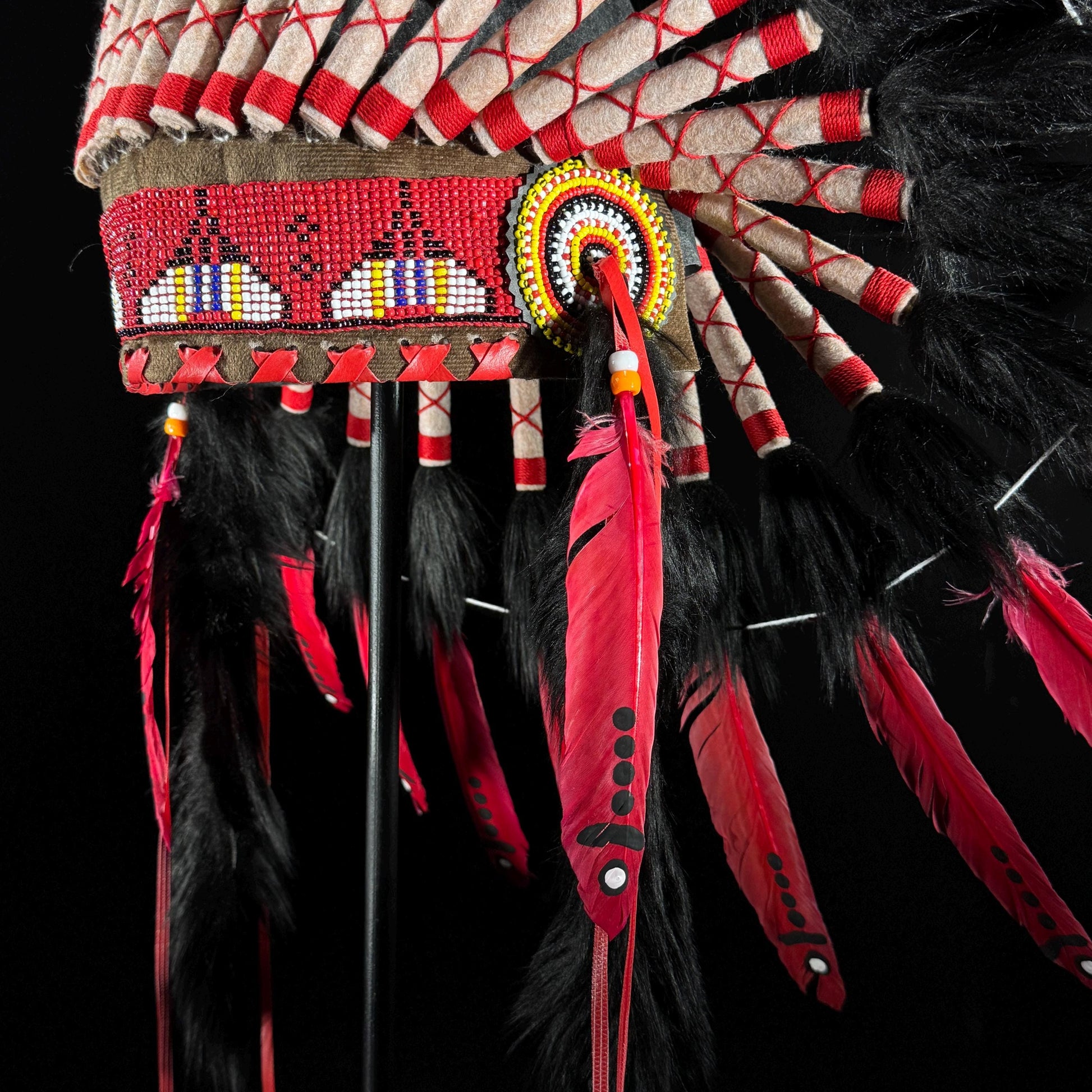 STAND INCLUDED - Stunning Red Pink & Black Native American Indian Headdress War Bonnet | Short Length |Modern Tribal Art, Native Style Decor
