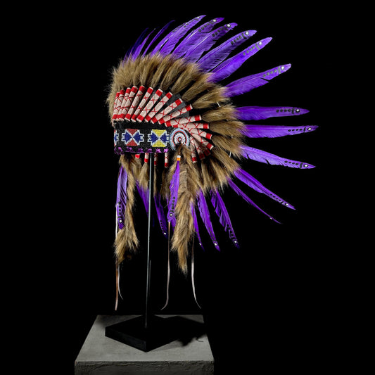 STAND INCLUDED - Stunning Purple Native American Indian Headdress War Bonnet | Short Length |Modern Tribal Art, Native Style Decor