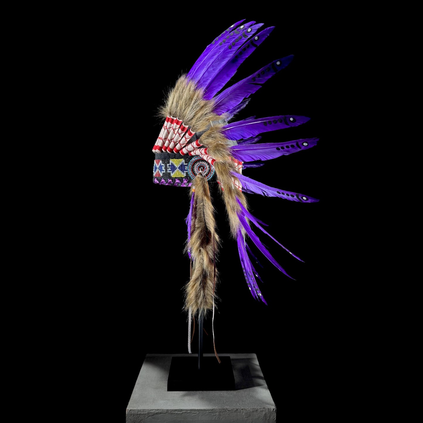 STAND INCLUDED - Stunning Purple Native American Indian Headdress War Bonnet | Short Length |Modern Tribal Art, Native Style Decor