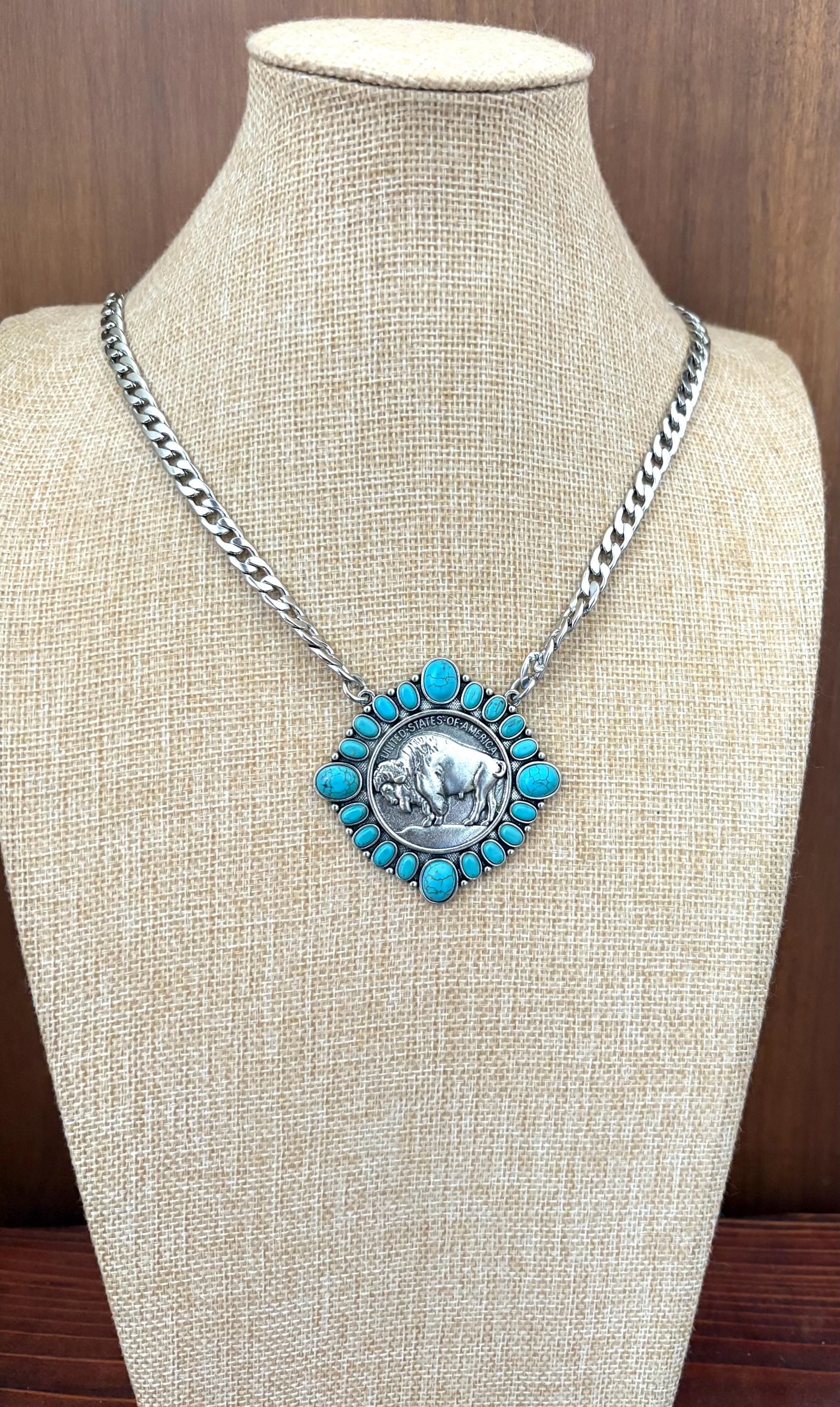 Western Turquoise Necklace | Buffalo Nickel | Cowboy Cowgirl | Man Necklace