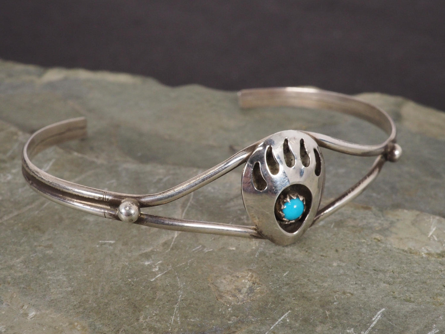 Vintage Native American Sterling Silver and Turquoise Bear Paw Cuff Bracelet 6 1/4" Signed L