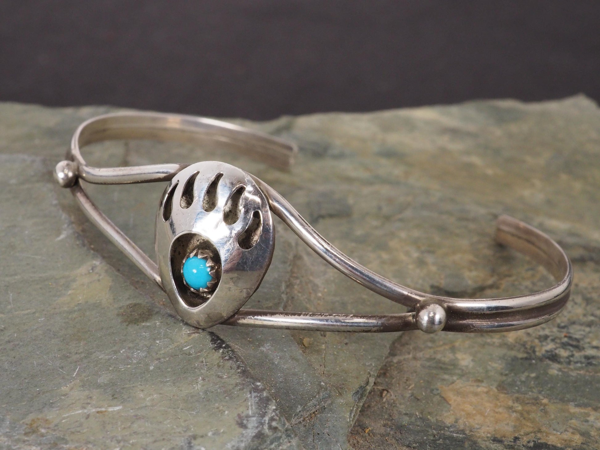 Vintage Native American Sterling Silver and Turquoise Bear Paw Cuff Bracelet 6 1/4" Signed L