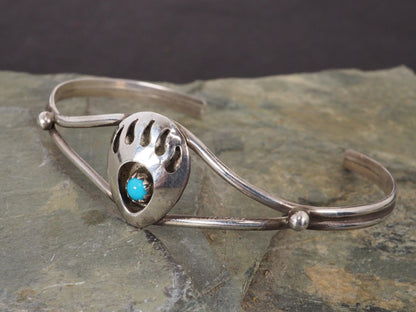 Vintage Native American Sterling Silver and Turquoise Bear Paw Cuff Bracelet 6 1/4" Signed L