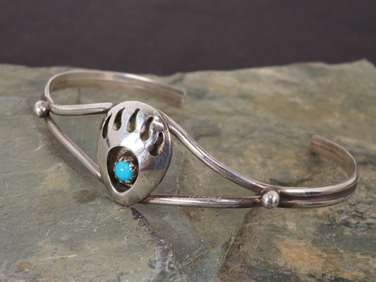 Vintage Native American Sterling Silver and Turquoise Bear Paw Cuff Bracelet 6 1/4" Signed L