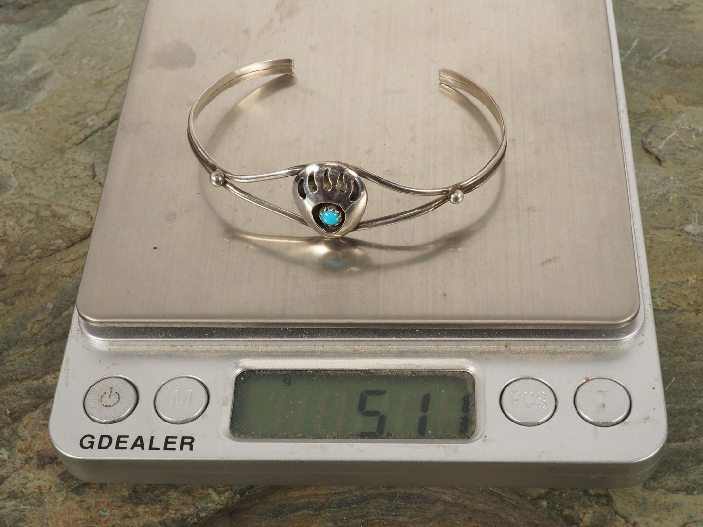 Vintage Native American Sterling Silver and Turquoise Bear Paw Cuff Bracelet 6 1/4" Signed L