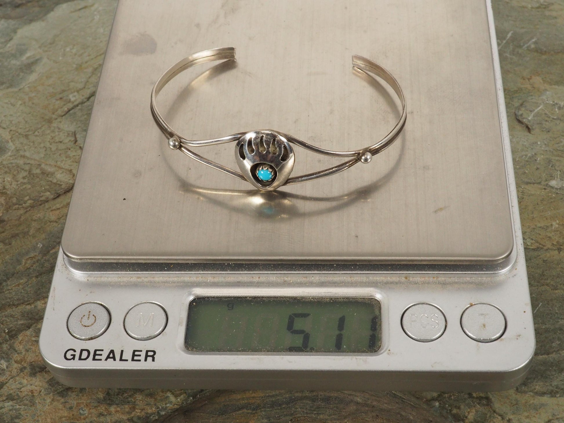 Vintage Native American Sterling Silver and Turquoise Bear Paw Cuff Bracelet 6 1/4" Signed L