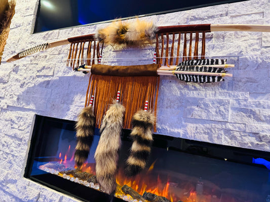 A Powerful Native Ceremonial Indian Fox Bow and Arrow Set Made by Enrolled Member of the Cherokee Tribe 68” with 5 Arrows and Quiver