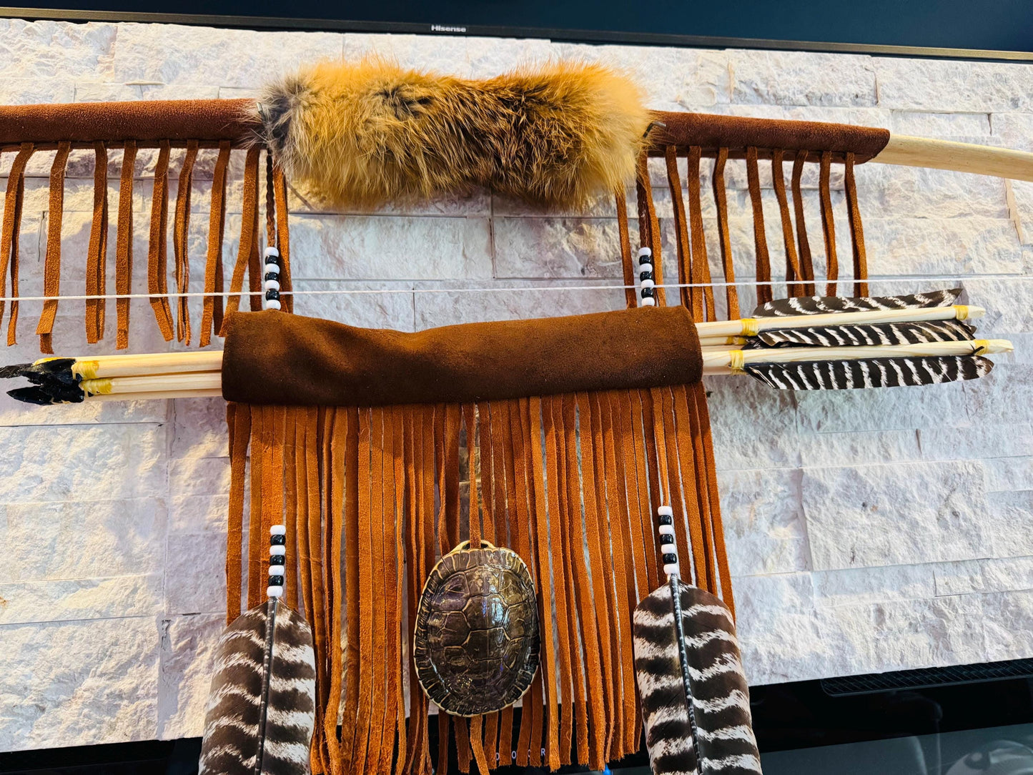 A Powerful Native Ceremonial Indian Fox Turtle Bow and Arrow Set Made by Enrolled Member of the Cherokee Tribe 68” with 5 Arrows and Quiver