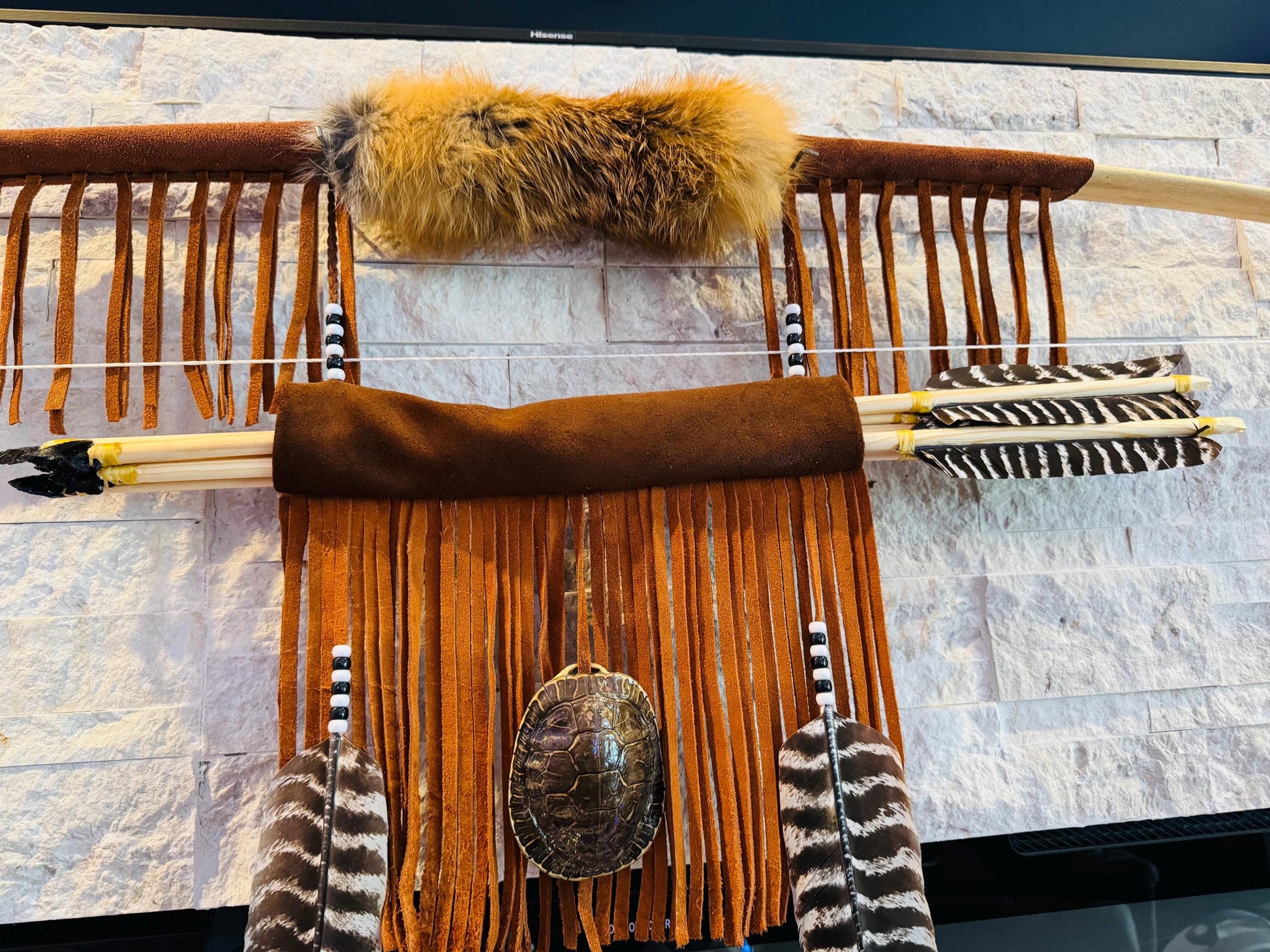 A Powerful Native Ceremonial Indian Fox Turtle Bow and Arrow Set Made by Enrolled Member of the Cherokee Tribe 68” with 5 Arrows and Quiver