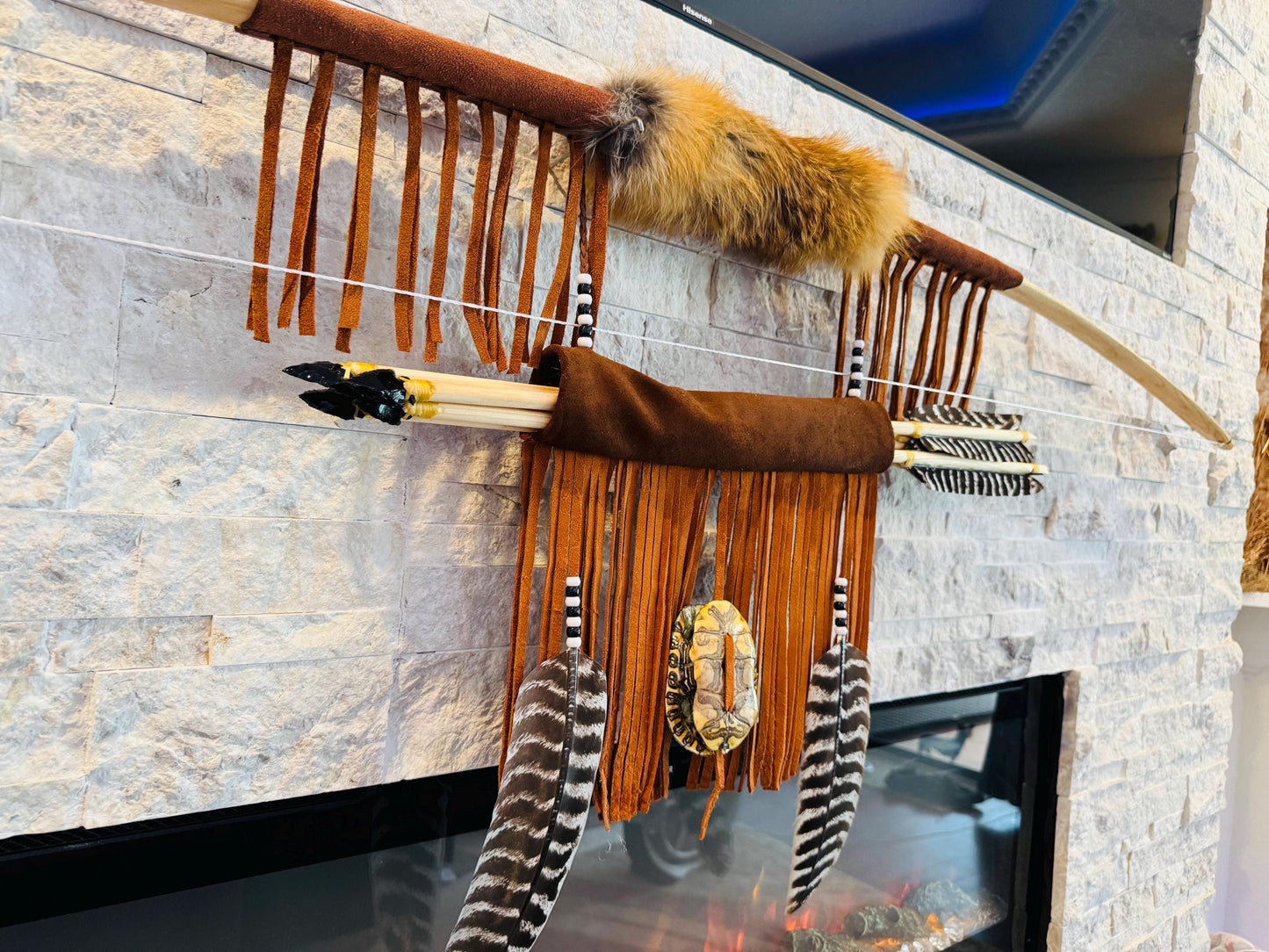 A Powerful Native Ceremonial Indian Fox Turtle Bow and Arrow Set Made by Enrolled Member of the Cherokee Tribe 68” with 5 Arrows and Quiver
