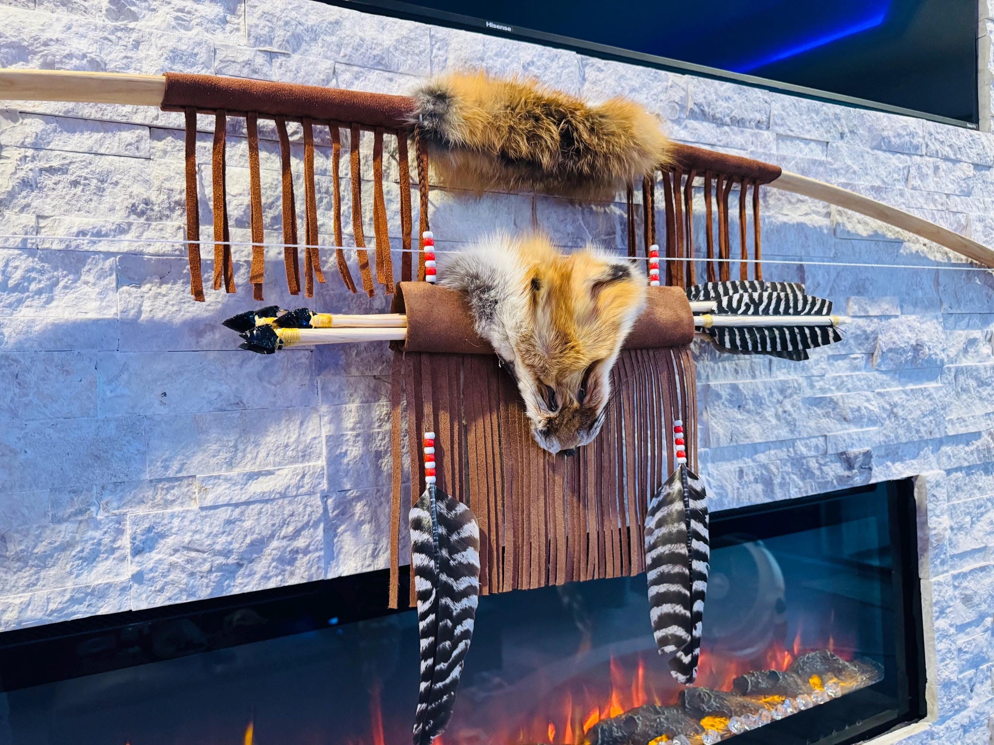 A Powerful Native Ceremonial Indian Fox Bow and Arrow Set Made by Enrolled Member of the Cherokee Tribe 68” with 5 Arrows and Quiver