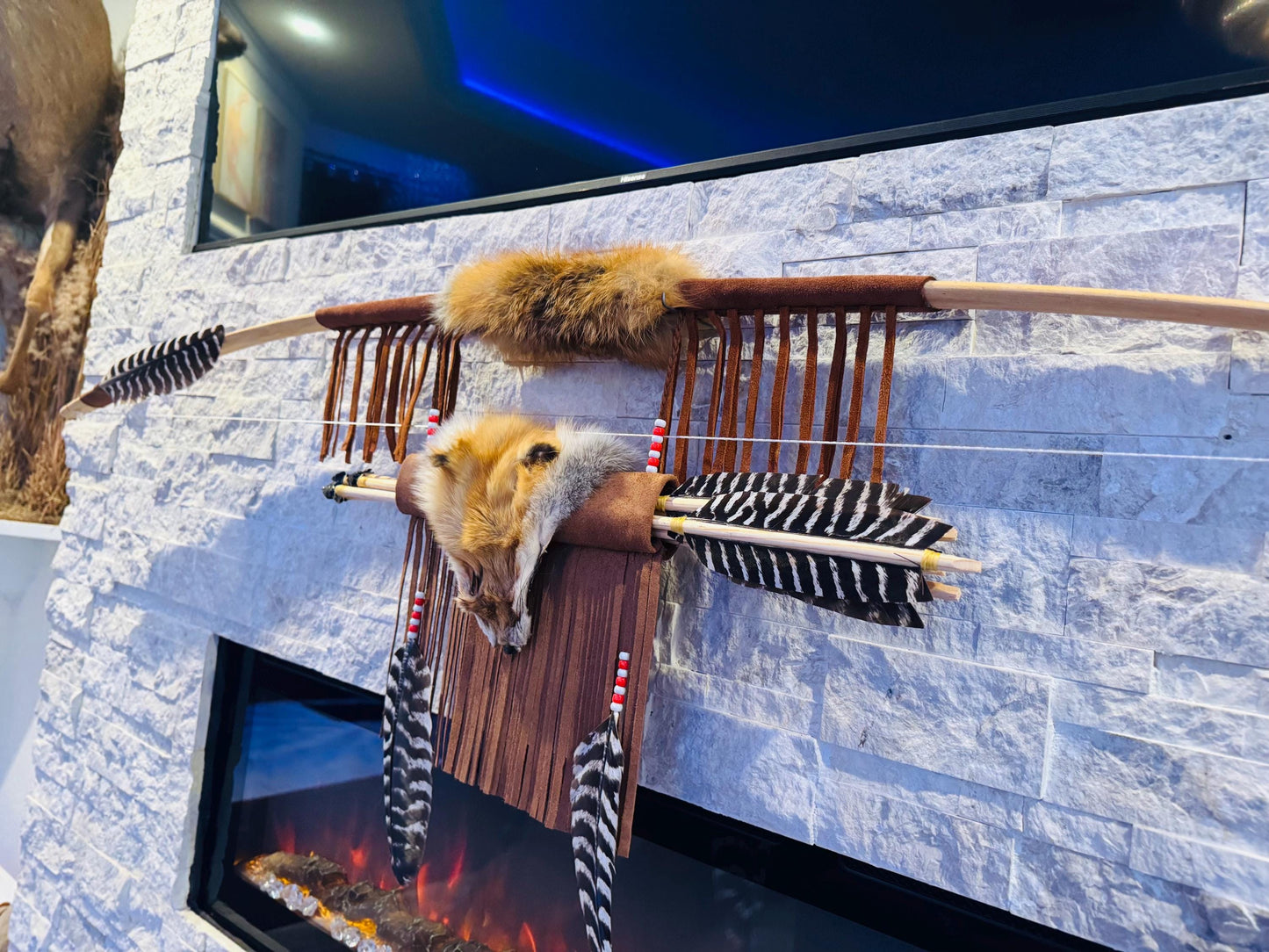 A Powerful Native Ceremonial Indian Fox Bow and Arrow Set Made by Enrolled Member of the Cherokee Tribe 68” with 5 Arrows and Quiver