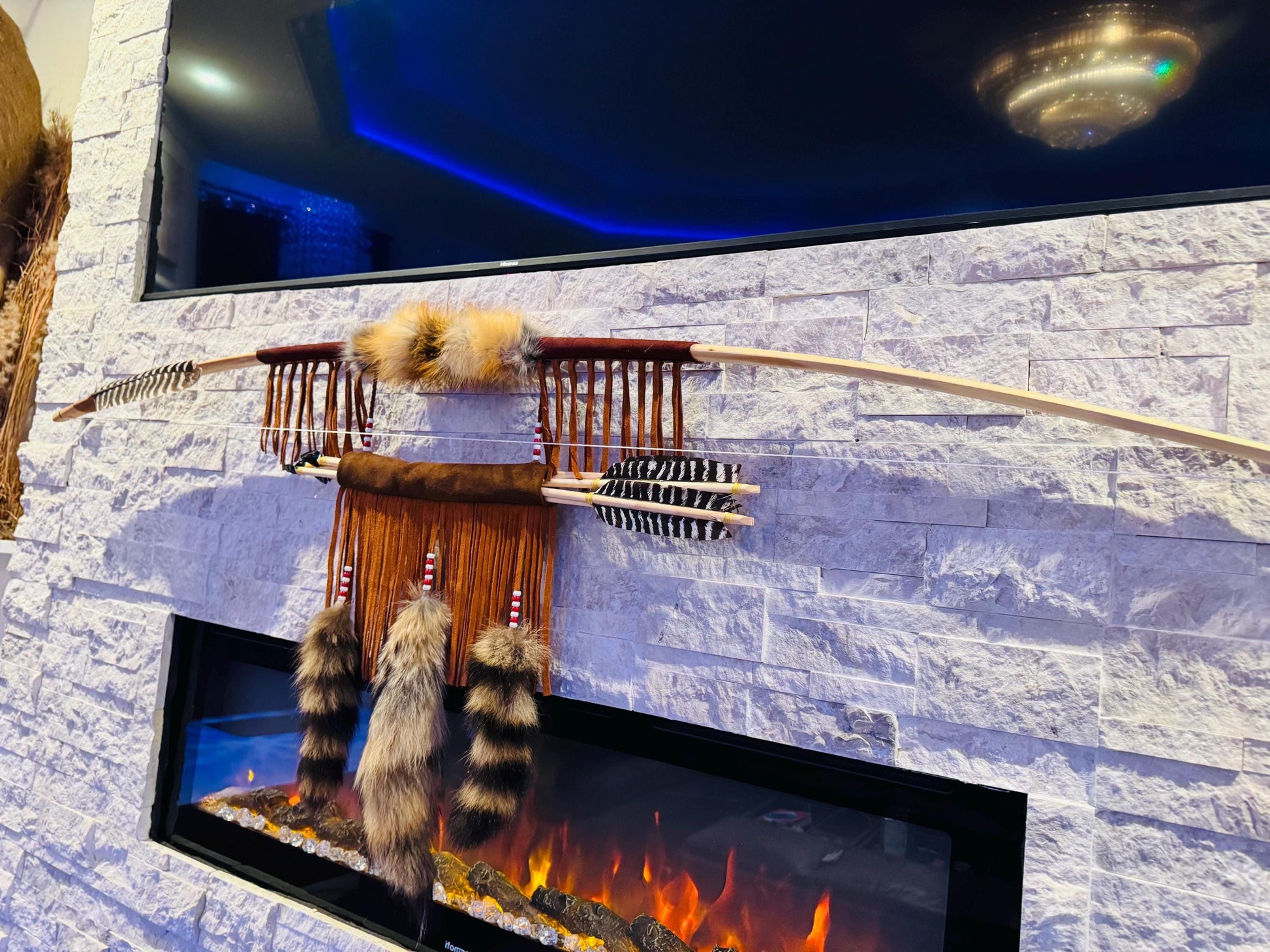 A Powerful Native Ceremonial Indian Fox Bow and Arrow Set Made by Enrolled Member of the Cherokee Tribe 68” with 5 Arrows and Quiver