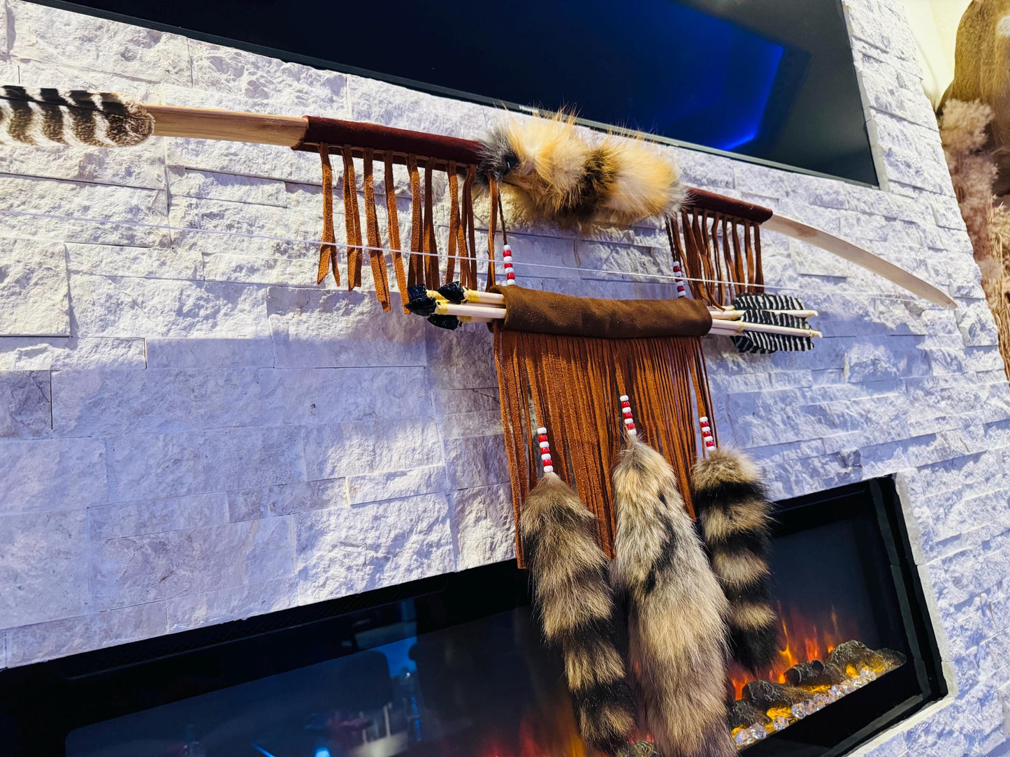 A Powerful Native Ceremonial Indian Fox Bow and Arrow Set Made by Enrolled Member of the Cherokee Tribe 68” with 5 Arrows and Quiver