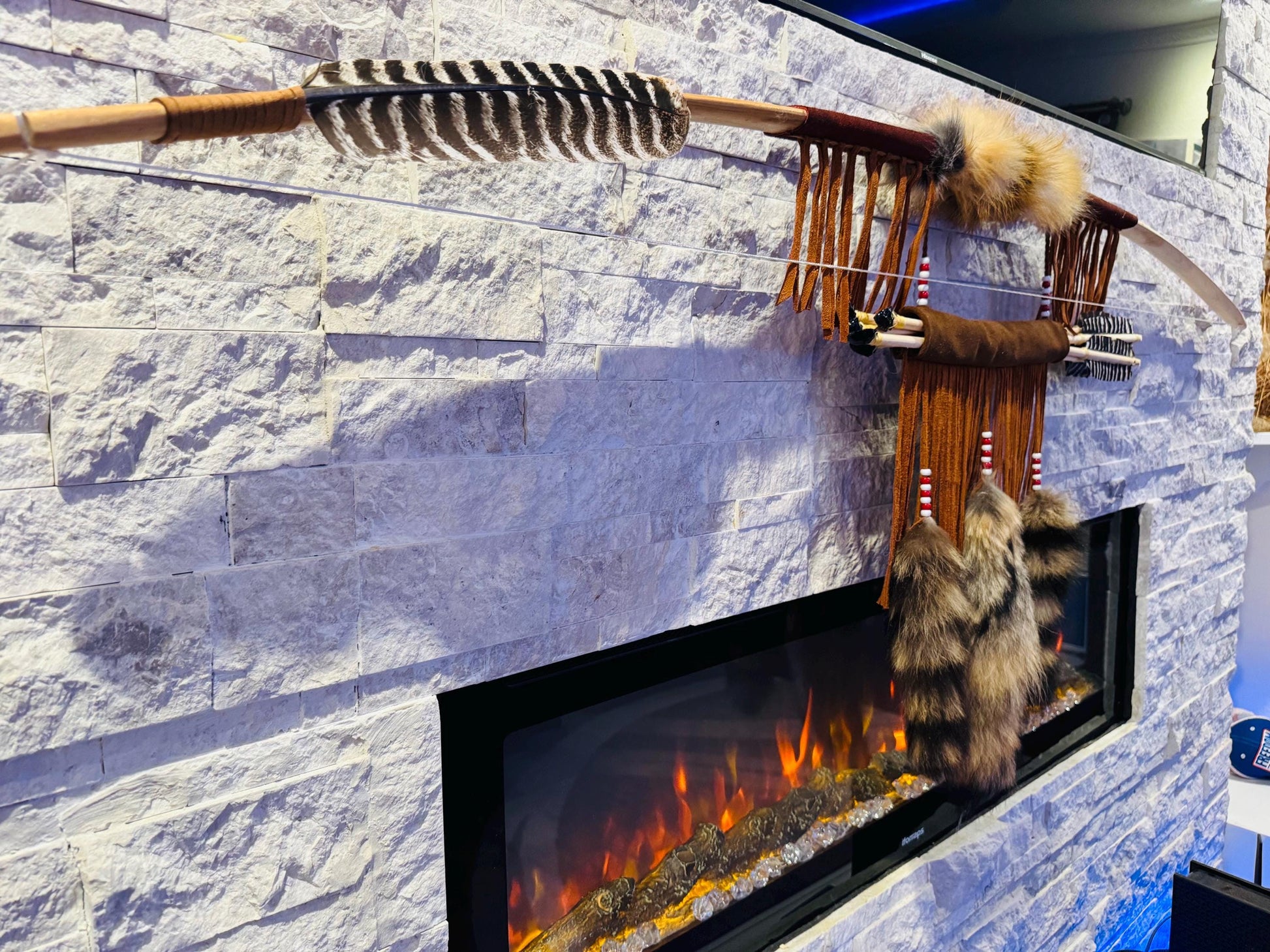A Powerful Native Ceremonial Indian Fox Bow and Arrow Set Made by Enrolled Member of the Cherokee Tribe 68” with 5 Arrows and Quiver