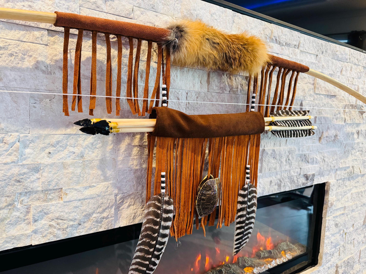 A Powerful Native Ceremonial Indian Fox Turtle Bow and Arrow Set Made by Enrolled Member of the Cherokee Tribe 68” with 5 Arrows and Quiver