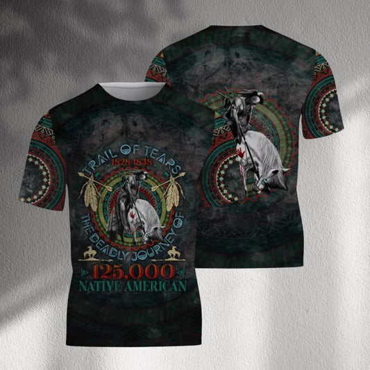 Trail of Tears Memorial T-Shirt – 1828–1838 History Graphic, Rider & Feathers, Native American Remembrance Unisex Tee