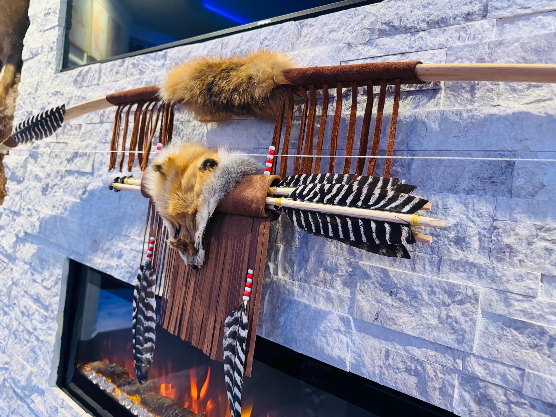 A Powerful Native Ceremonial Indian Fox Bow and Arrow Set Made by Enrolled Member of the Cherokee Tribe 68” with 5 Arrows and Quiver