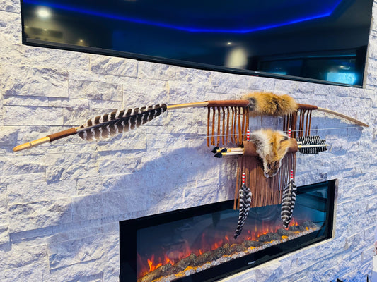 A Powerful Native Ceremonial Indian Fox Bow and Arrow Set Made by Enrolled Member of the Cherokee Tribe 68” with 5 Arrows and Quiver